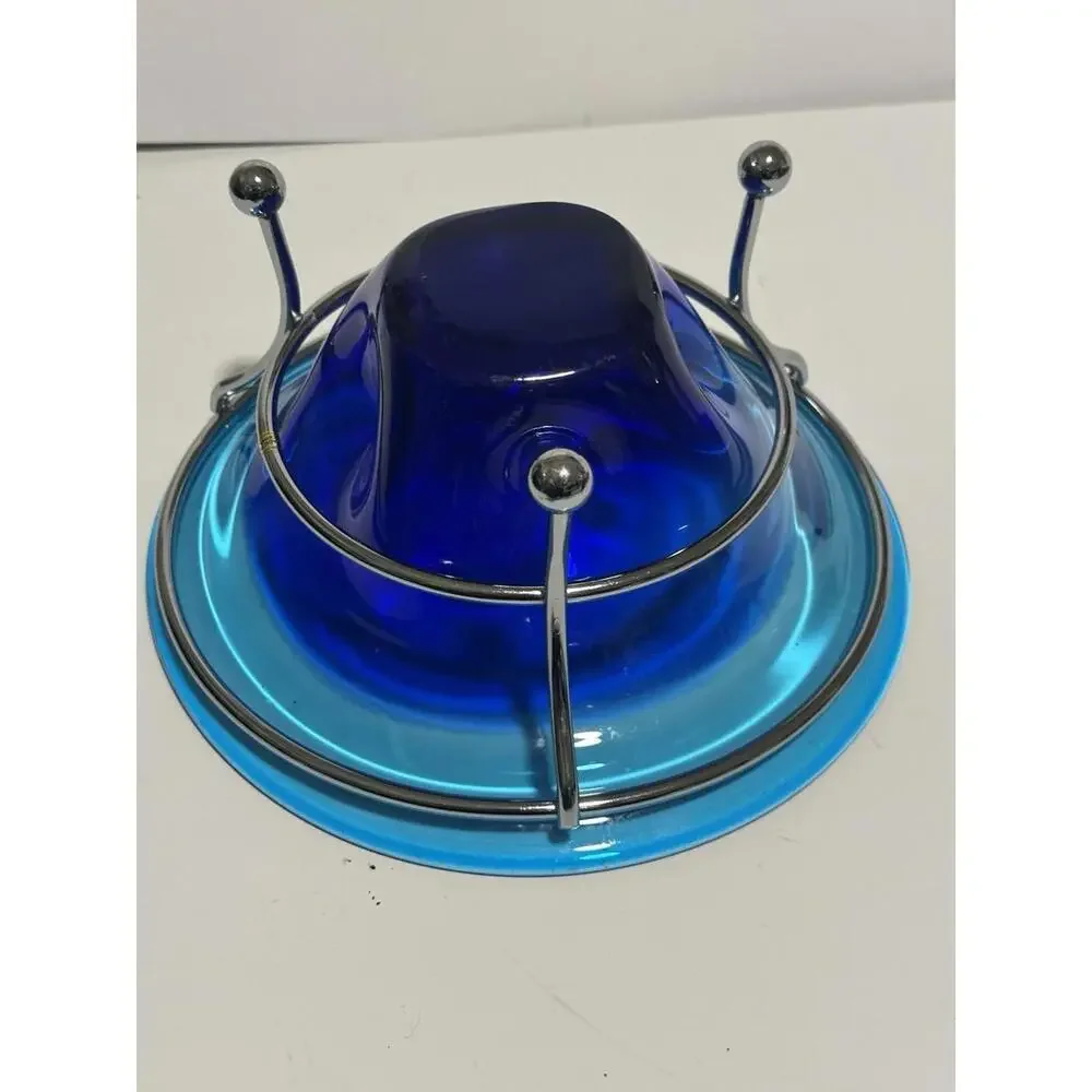 MCM Blue Ombre Hand Blown Glass Console Bowl With Silver Stand 1950s - Picture 4 of 7